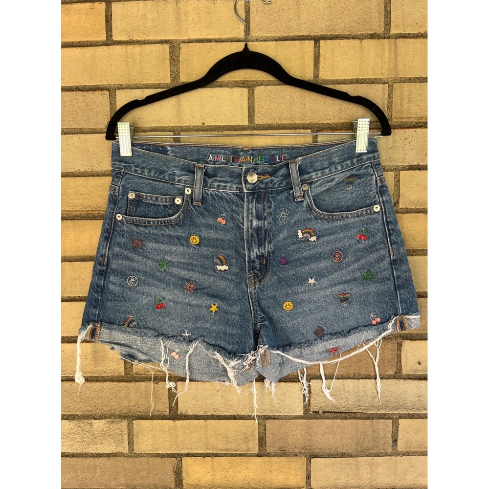 American Eagle 90s Boyfriend Embroidered Denim Shorts Blue Size 4 Small
